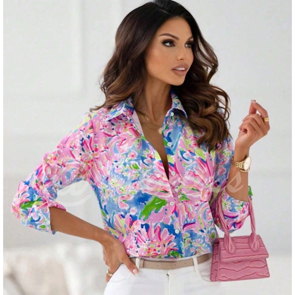 Floral Print Button Down Shirt Top Long Sleeve Collared Pink Blue Multicolor - Picture 1 of 8